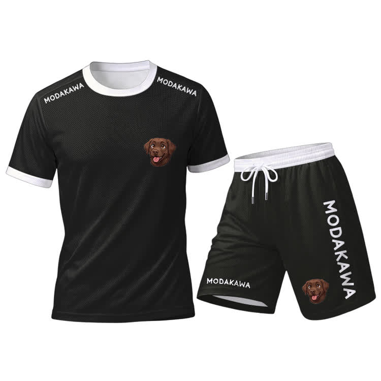 Labrador-Grafik-Sport-T-Shirt, Shorts mit Kordelzug, Modakawa-Passform - Black Set - 5XL - image 13