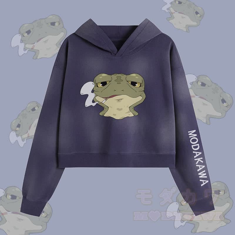 MODAKAWA Smoking Frog Graphic Unisex Vintage Washed Hoodie - Blau - XL - image 3