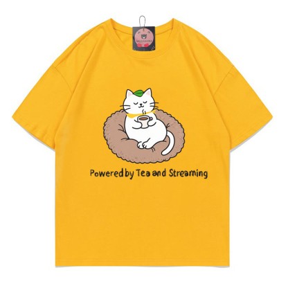POWERED BY TEA AND STREAMING Kitty Print 100% Baumwolle Modakawa T-Shirt - Yellow - 5XL - image 4