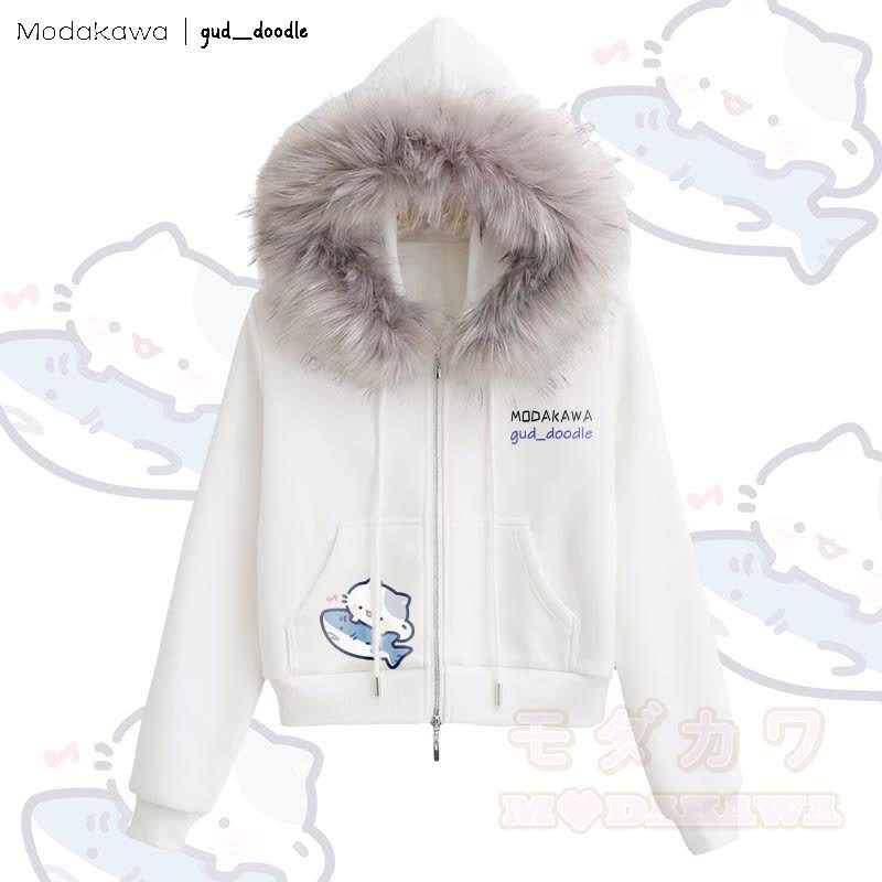 MODAKAWA x gud_doodle Kapuzenpullover mit Katzen- und Hai-Motiv, Fleece-gefüttert mit Kunstpelzbesatz und Reißverschluss - Weiß - L - image 3