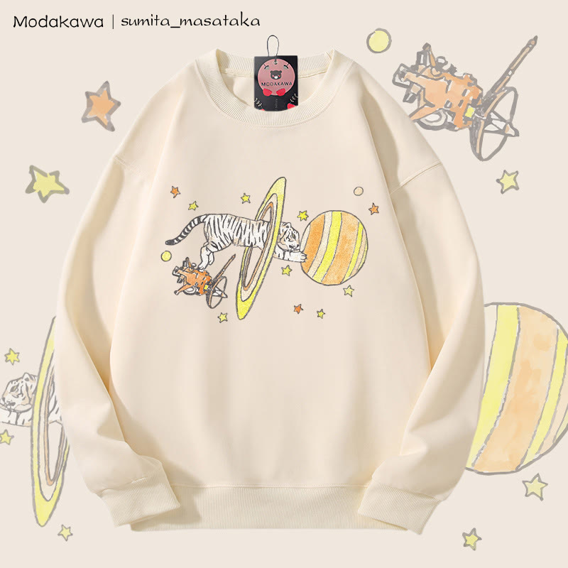 MODAKAWA X sumita_masataka Unisex-Sweatshirt mit Grafik: Weißer Tiger durch die Saturnringe - Beige - 5XL - image 3