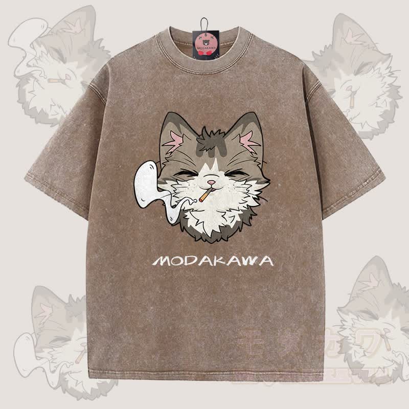 MODAKAWA Smoking Cat Grafik Unisex Vintage Washed T-Shirt - Braun - 5XL - image 6