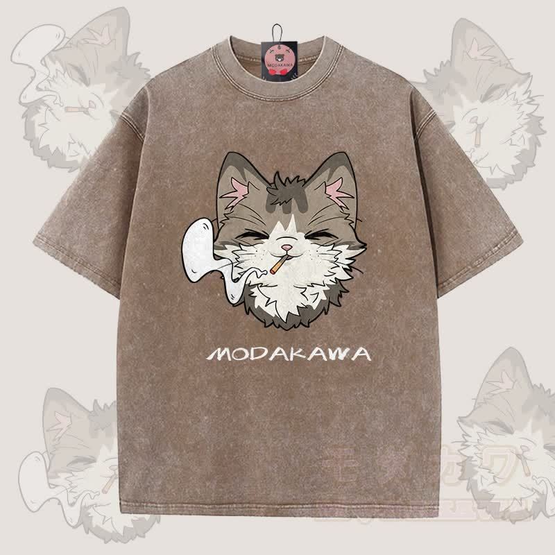MODAKAWA Smoking Cat Grafik Unisex Vintage Washed T-Shirt - Braun - 5XL - image 6
