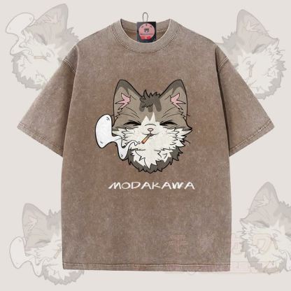 MODAKAWA Smoking Cat Grafik Unisex Vintage Washed T-Shirt - Braun - 5XL - image 6