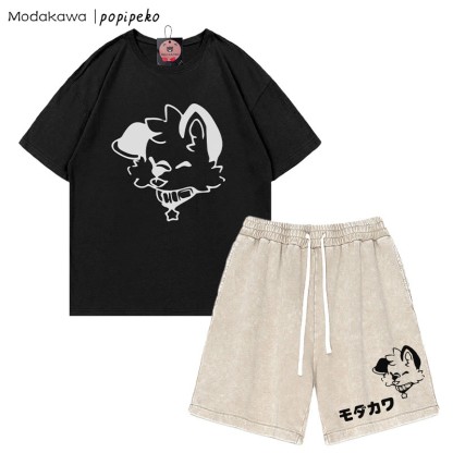 MODAKAWA X popipeko Puppy Letter T-Shirt und Vintage Washed Shorts Zweiteiliges Set - Black&Apricot - 3XL - image 10