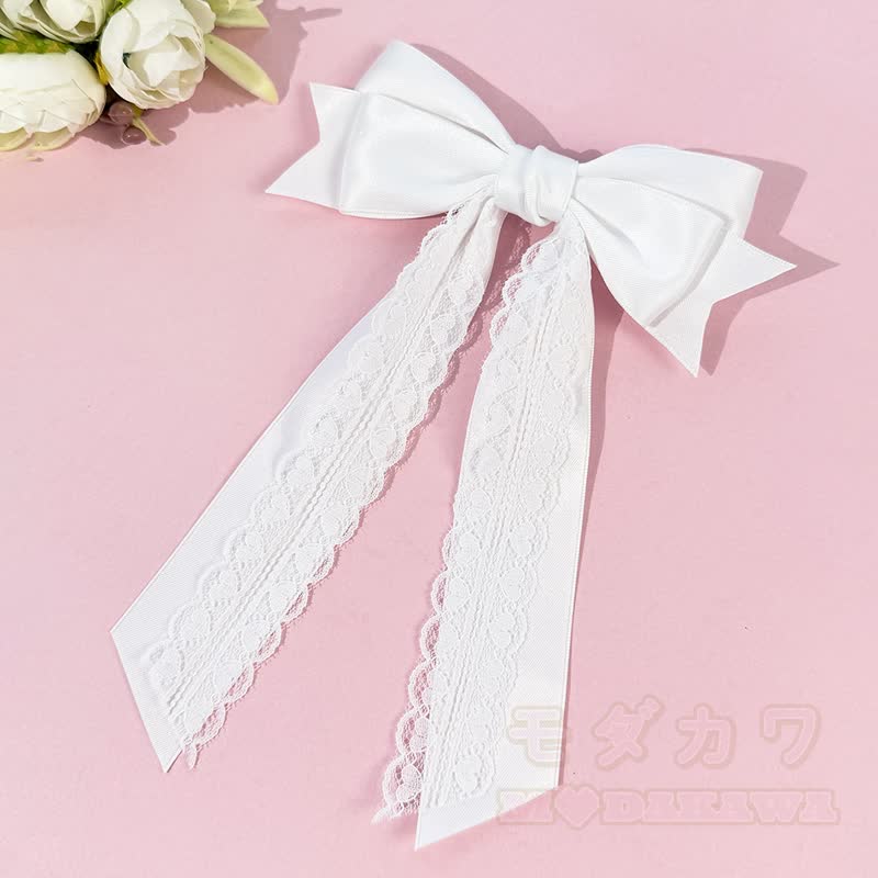Süßes Mädchen Haarspange aus Spitze, Satin, langem Bänder und Schleife - Weiß - image 6