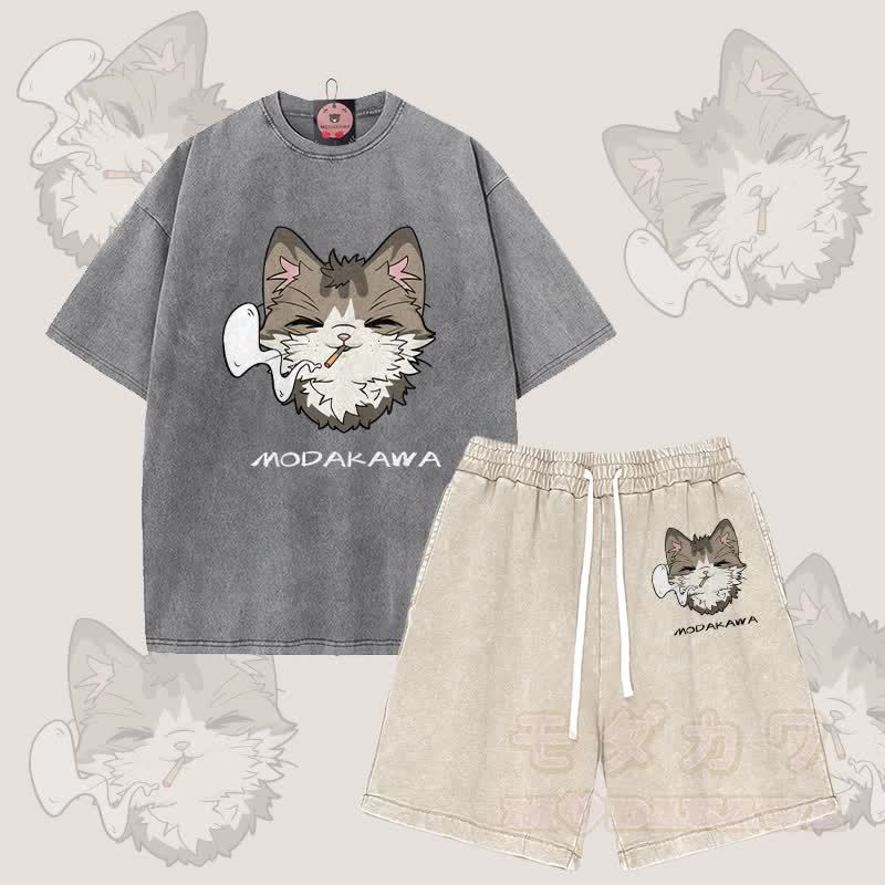 MODAKAWA Smoking Cat Grafik Vintage Washed T-Shirt Shorts Zweiteiliges Set - Grau & Aprikose - 3XL - image 11