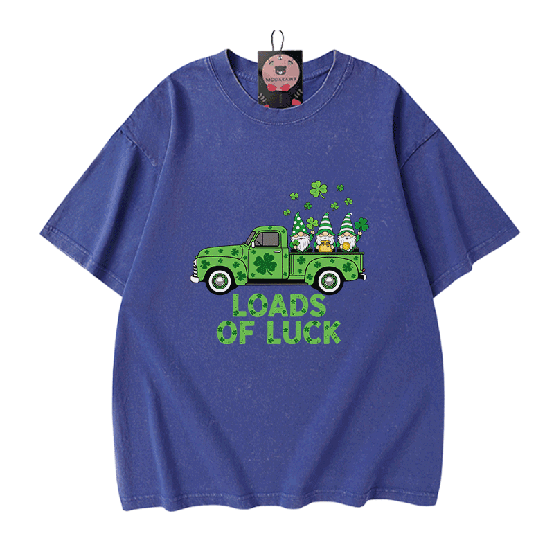 St. Pakrit's Day Lucky LOADS OF LUCK Graphic Modakawa Vintage Washed 100% Cotton T-Shirt - Blue - 5XL - image 4