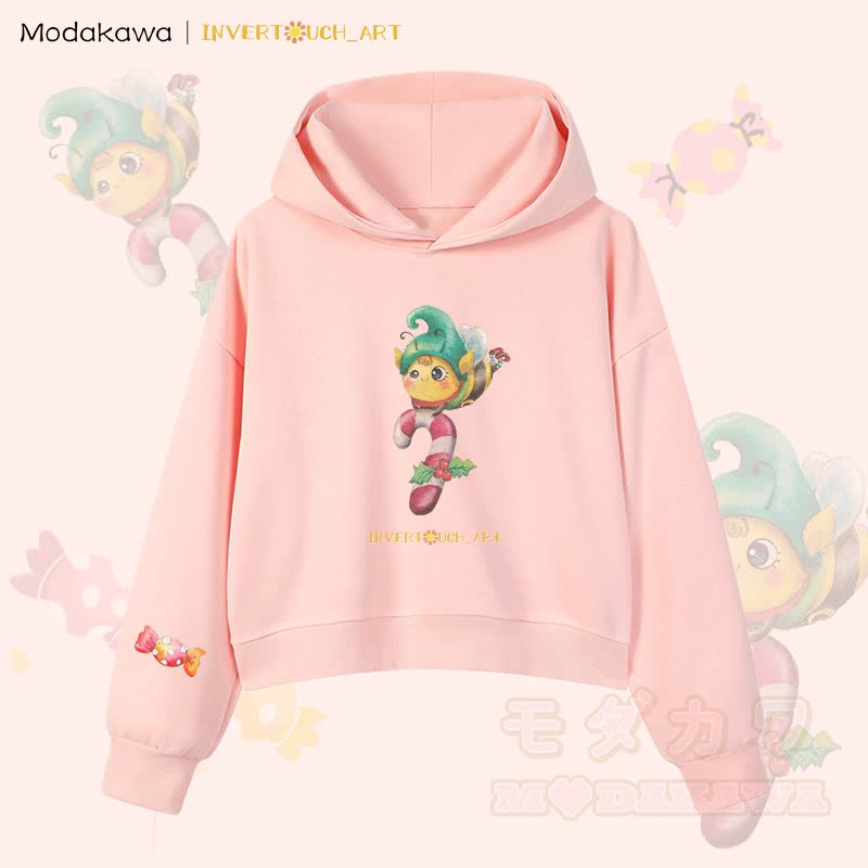 MODAKAWA X INVERTOUCH_ART Niedlicher Weihnachtsbienen-Hoodie Modakawa Cropped Cotton Hoodie - Pink B - 3XL - image 11