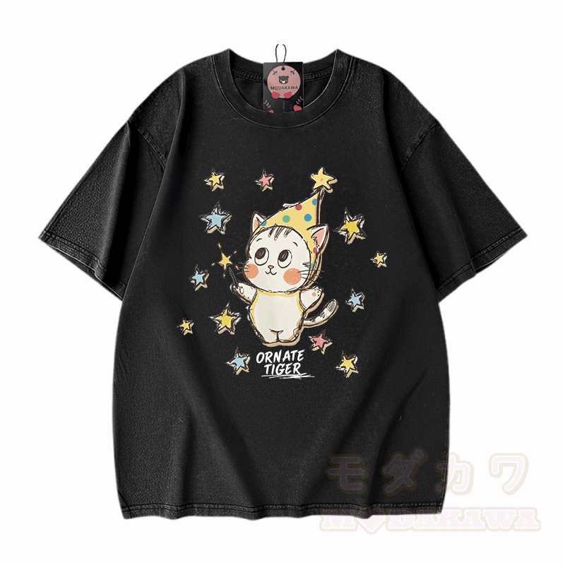 Verzierter Tiger, Stern-Tiger-Grafik, Modakawa Unisex Vintage Washed T-Shirt - Schwarz - 5XL - image 5