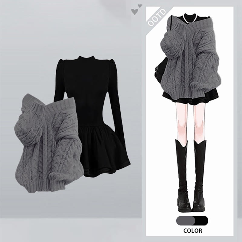 Schickes zweiteiliges Set aus Strickpullover und Kleid - Graues Top + Schwarzes Kleid - 4XL - image 8