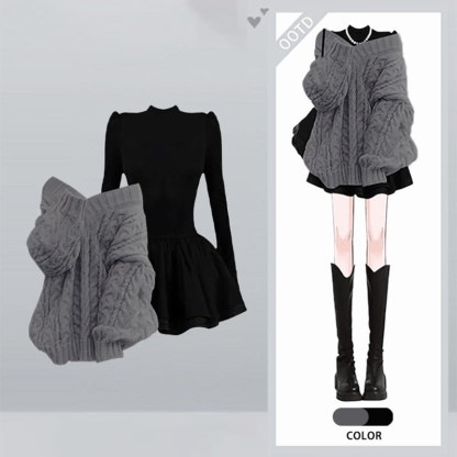 Schickes zweiteiliges Set aus Strickpullover und Kleid - Graues Top + Schwarzes Kleid - 4XL - image 8