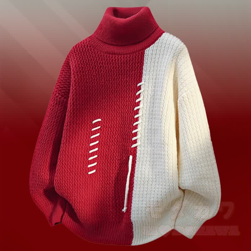 Zweiteiler mit Rollkragenpullover , Farben abgesetztem Fleecefutter und Jeans - Roter Pullover - 3XL - image 9
