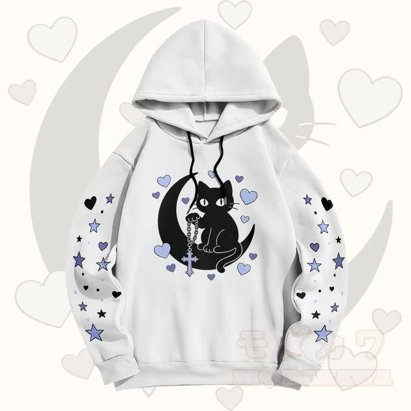 Modakawa Pullover-Hoodie mit Farbverlauf, schwarzer Katze und Mond-Grafik - Weiß A - 6XL - image 9