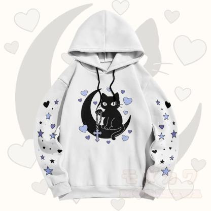 Modakawa Pullover-Hoodie mit Farbverlauf, schwarzer Katze und Mond-Grafik - Weiß A - 6XL - image 9