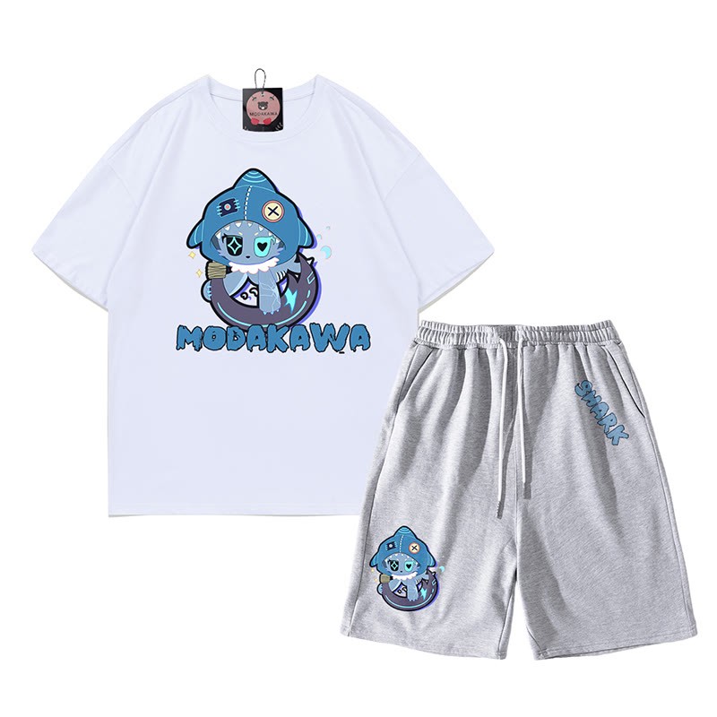 Verspieltes T-Shirt-Shorts-Set mit Hai-Grafik in dunkler Ästhetik, zweiteilig - Weiß&Grau - A - 5XL - image 10