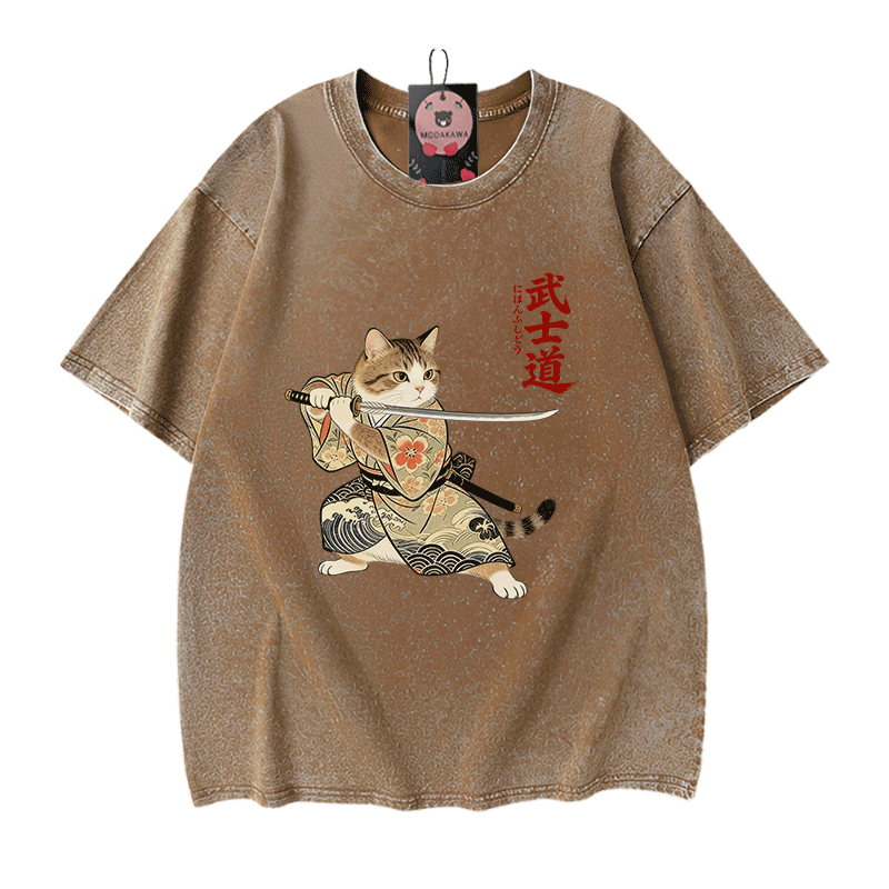 Samurai-Katzen-Grafik Modakawa Vintage gewaschenes T-Shirt aus 100 % Baumwolle - Brown - 5XL - image 7