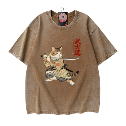 Samurai-Katzen-Grafik Modakawa Vintage gewaschenes T-Shirt aus 100 % Baumwolle - Brown - 5XL - image 7
