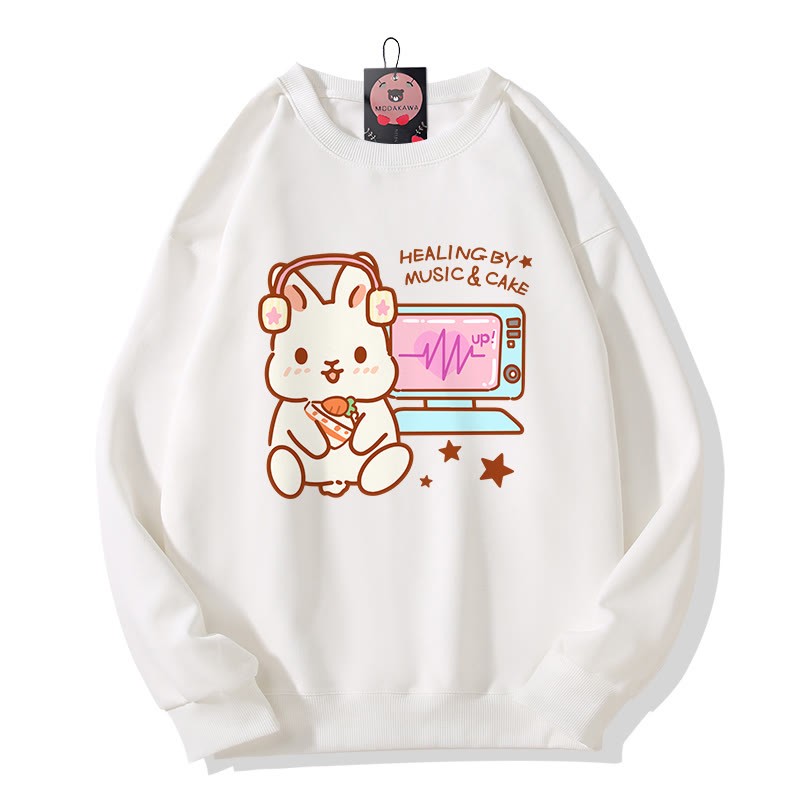 HEILUNG DURCH MUSIK KUCHEN Musik hören Hasen-Grafik Rundhals-Sweatshirt - White - 5XL - image 4