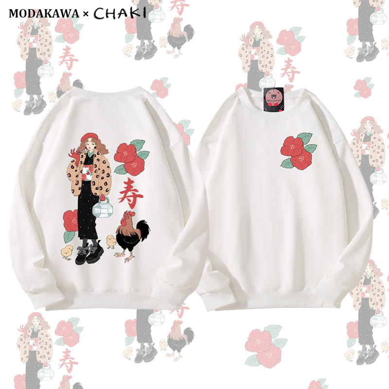 Retro-Sweatshirt mit Hahn- und Blumenmotiv und Rundhalsausschnitt - White - 5XL - image 4