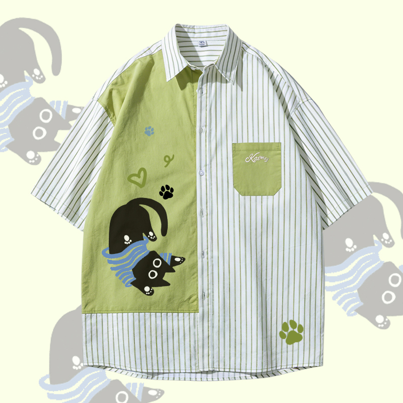 Modakawa Oversize-Hemd mit verspieltem schwarzem Katzenmotiv und Farben - Green - 3XL - image 3