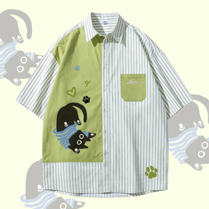 Modakawa Oversize-Hemd mit verspieltem schwarzem Katzenmotiv und Farben - Green - 3XL - image 3
