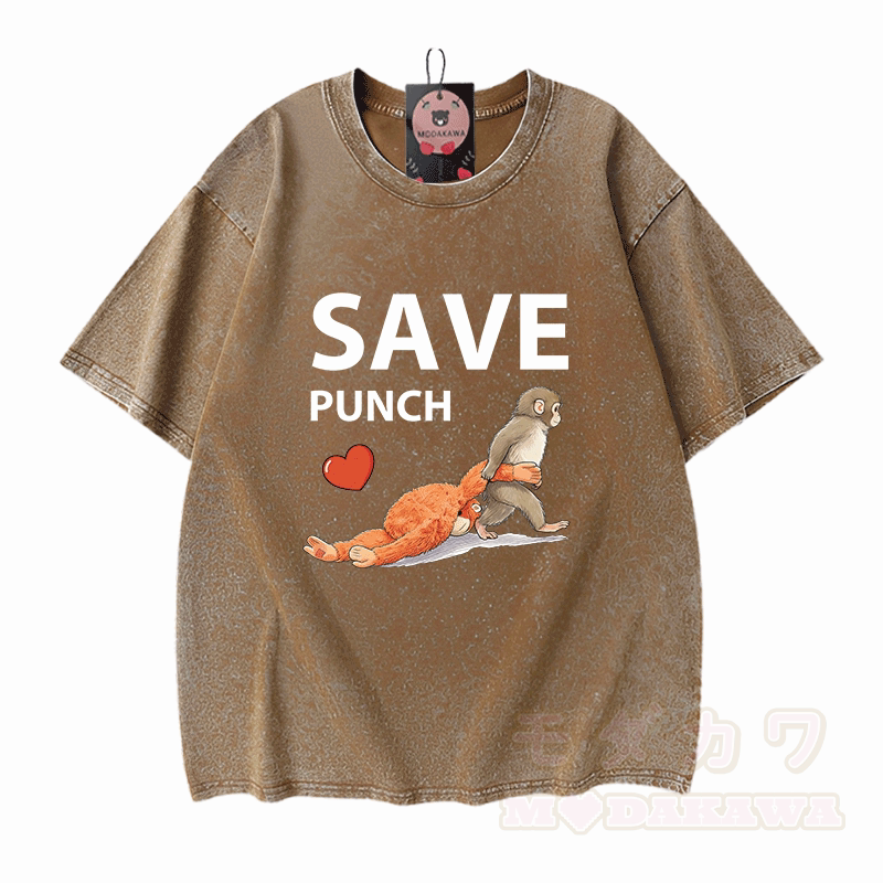 SAVE PUNCH Monkey Graphic Modakawa Unisex Vintage Washed T-Shirt - Braun - 5XL - image 5