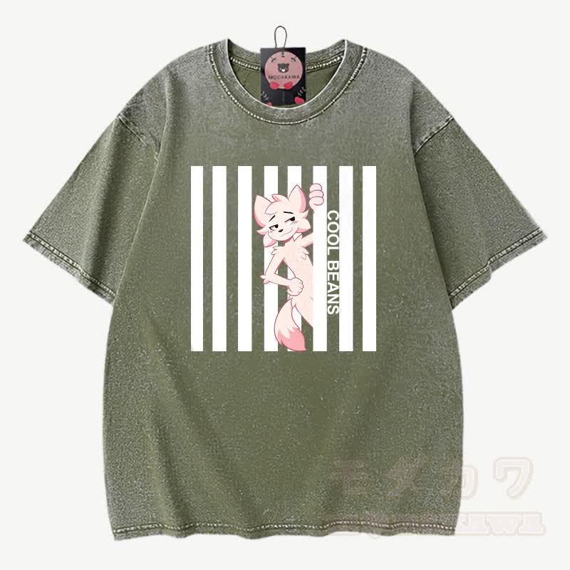 COOL BEANS Anime Fuchs Grafik Modakawa Vintage gewaschenes T-Shirt aus 100% Baumwolle - Grün - 3XL - image 5