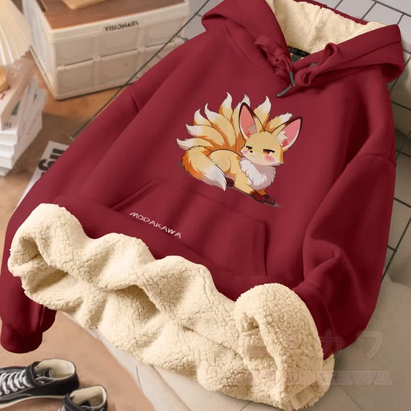 MODAKAWA Frecher Winterhoodie mit neunschwänzigem Fuchs-Motiv und dickem Fleecefutter - Weinrot - 2XL - image 3