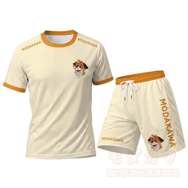 MODAKAWA X atka Fox Graphic Herren-Sport-T-Shirt mit Kordelzug und passender Shorts - Beiges Set - 5XL - image 16