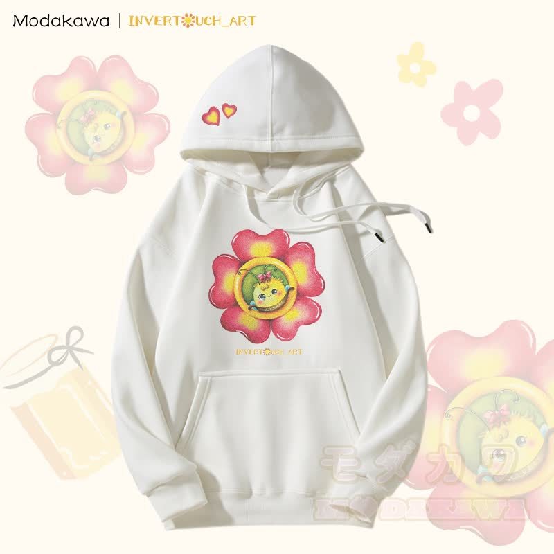 MODAKAWA X INVERTOUCH_ART Fleecegefütterter Hoodie mit Blumen-Bienen-Grafik - Weiß - 5XL - image 3