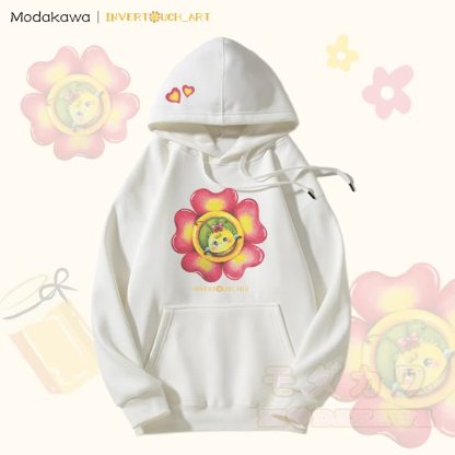 MODAKAWA X INVERTOUCH_ART Fleecegefütterter Hoodie mit Blumen-Bienen-Grafik - Weiß - 5XL - image 3