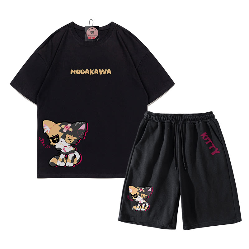 Sad Kitty Grafik Dark Aesthetic T-Shirt Shorts Zweiteiliges Set - Schwarz - C - 5XL - image 15