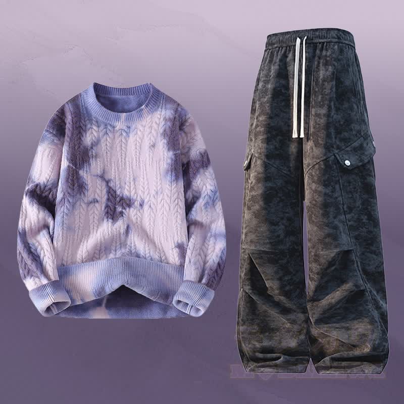 Zweiteiliger Strickpullover mit Batikmuster und Cargohose - Satz C - 3XL - image 3