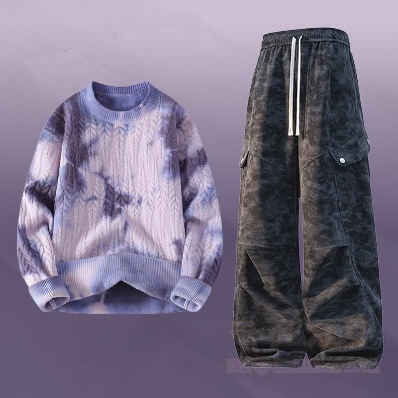 Zweiteiliger Strickpullover mit Batikmuster und Cargohose - Satz C - 3XL - image 3