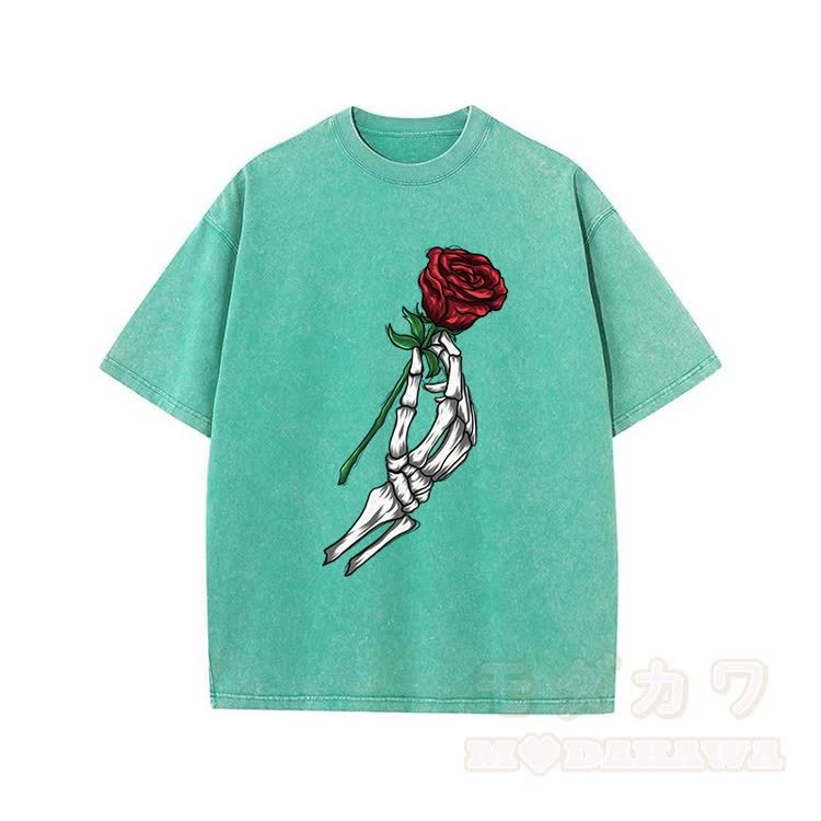 Modakawa Vintage T-Shirt mit Totenkopf-, Hand- und Rosenmotiv, gewaschen aus 100 % Baumwolle - Grün - 5XL - image 8