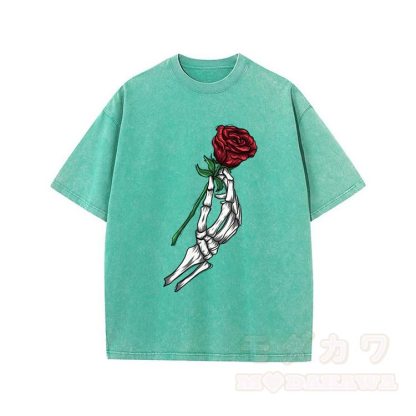 Modakawa Vintage T-Shirt mit Totenkopf-, Hand- und Rosenmotiv, gewaschen aus 100 % Baumwolle - Grün - 5XL - image 8