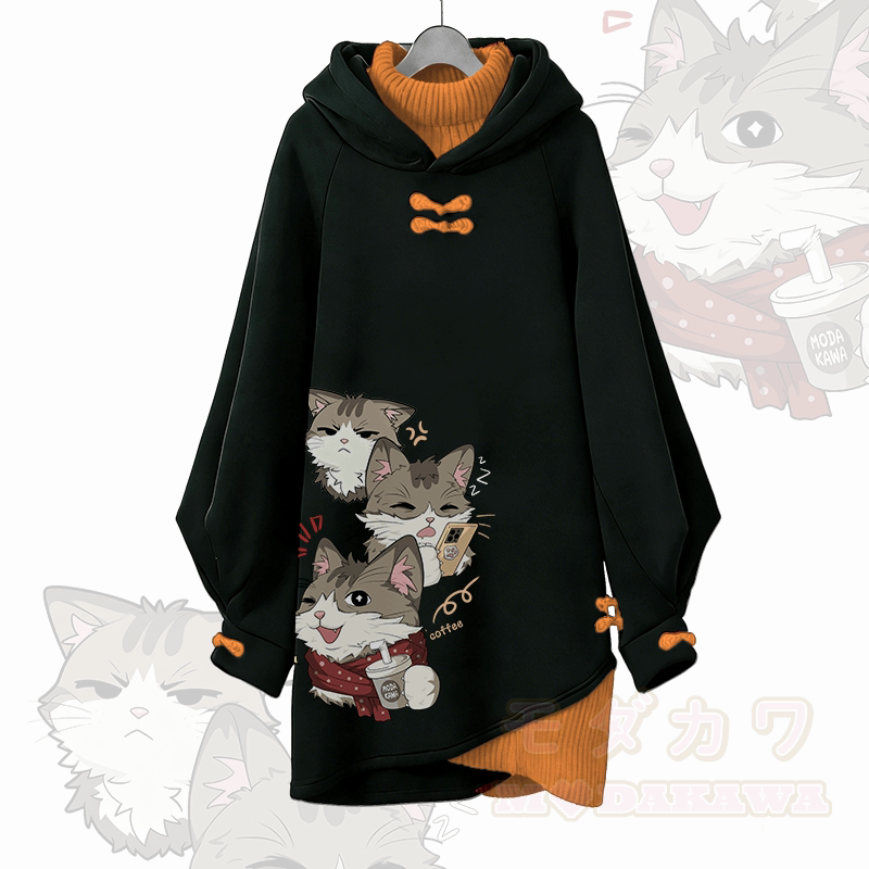 Verspieltes Katzenmotiv Modakawa Schnalle Vintage Kapuzenpullover Kleid - Orange - 3XL - image 3