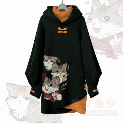 Verspieltes Katzenmotiv Modakawa Schnalle Vintage Kapuzenpullover Kleid - Orange - 3XL - image 3