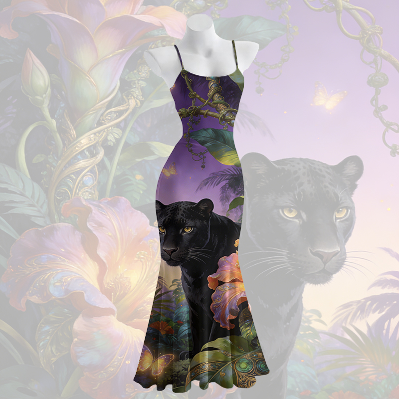 Panther-Grafik-Maxikleid mit Spaghettiträgern im Meerjungfrauenstil - Purple - 5XL - image 2