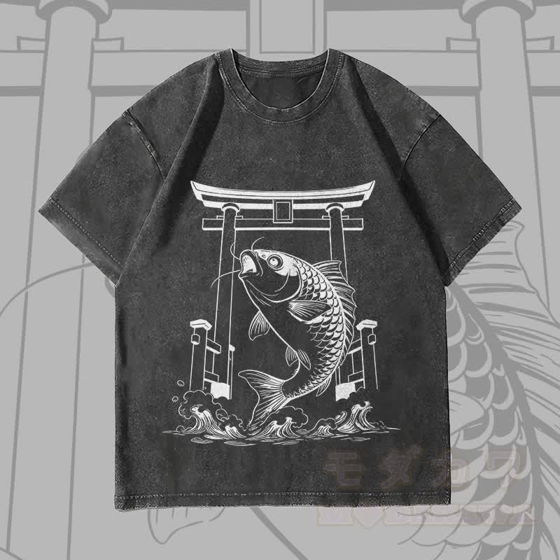 MODAKAWA Unisex-T-Shirt mit springendem Fischmotiv im Vintage-Stil - Schwarz - 4XL - image 3