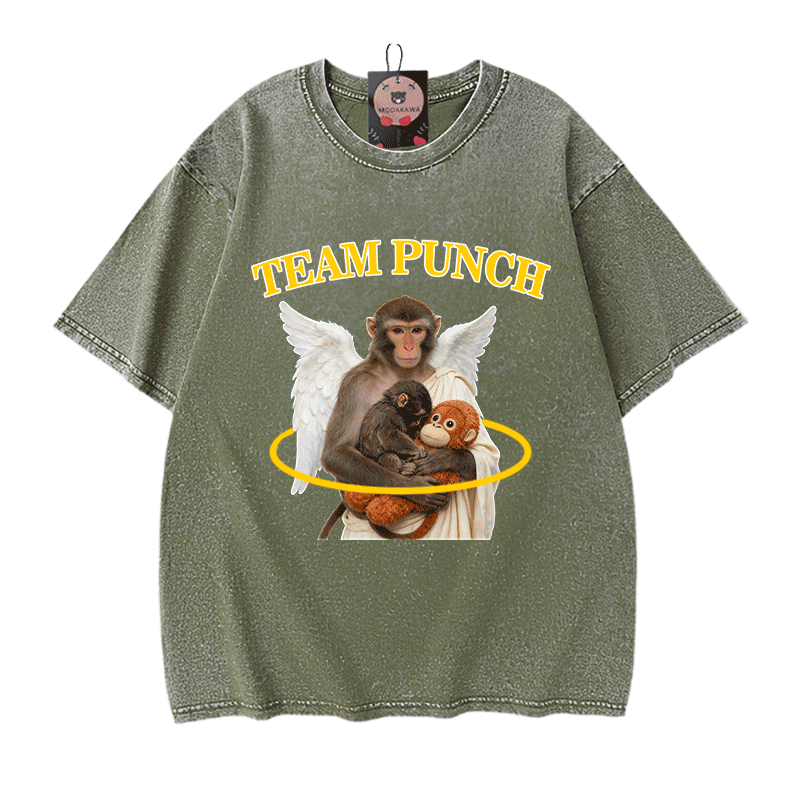 TEAM PUNCH Angel Monkey Graphic Modakawa Unisex Vintage Washed T-Shirt - Green - 5XL - image 10