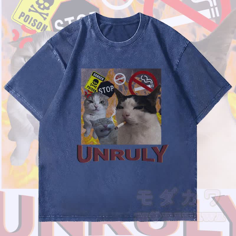 MODAKAWA UNRULY Rebel Cat Grafik Unisex Vintage Washed T-Shirt - Dunkelblau - 4XL - image 3