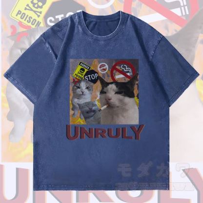 MODAKAWA UNRULY Rebel Cat Grafik Unisex Vintage Washed T-Shirt - Dunkelblau - 4XL - image 3