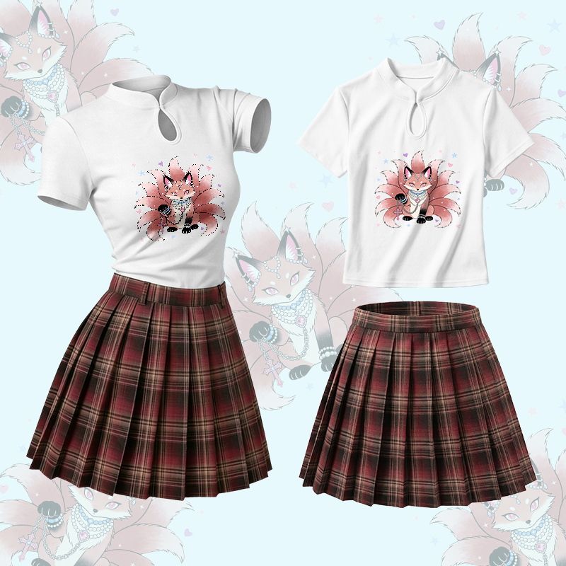 Zweiteiliges Set von Modakawa: T-Shirt mit neunschwänzigem Fuchs-Motiv, Vintage-Schnalle, karierter Rock - Set B - L - image 2