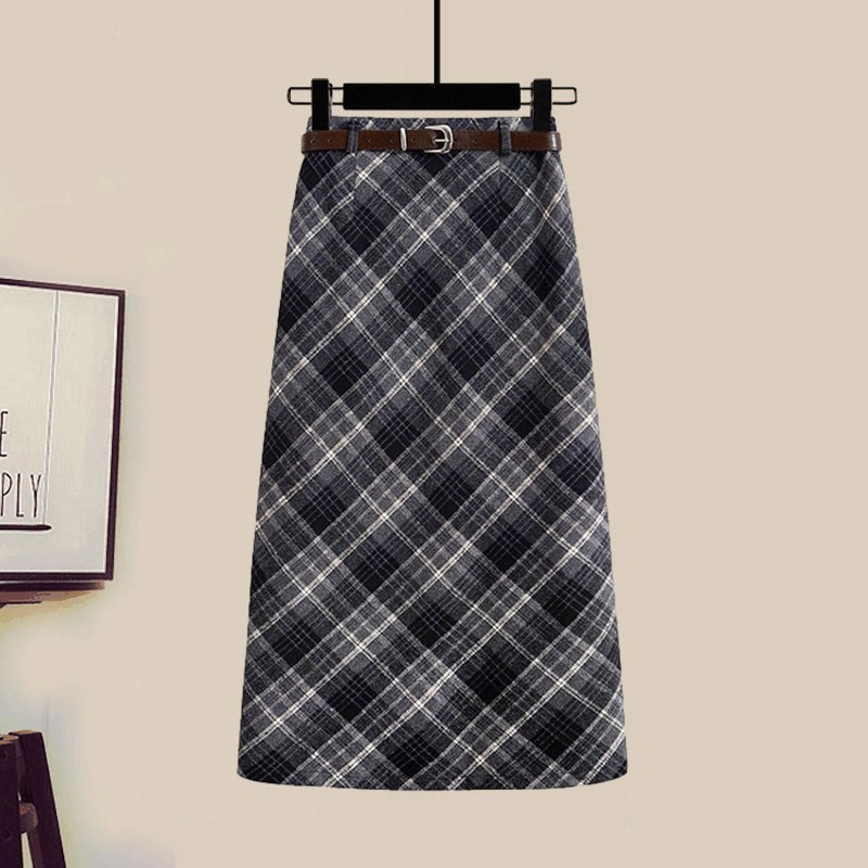 Strickjacke, Gürtel, Karorock, passendes Outfit - Black Skirt - XL - image 8