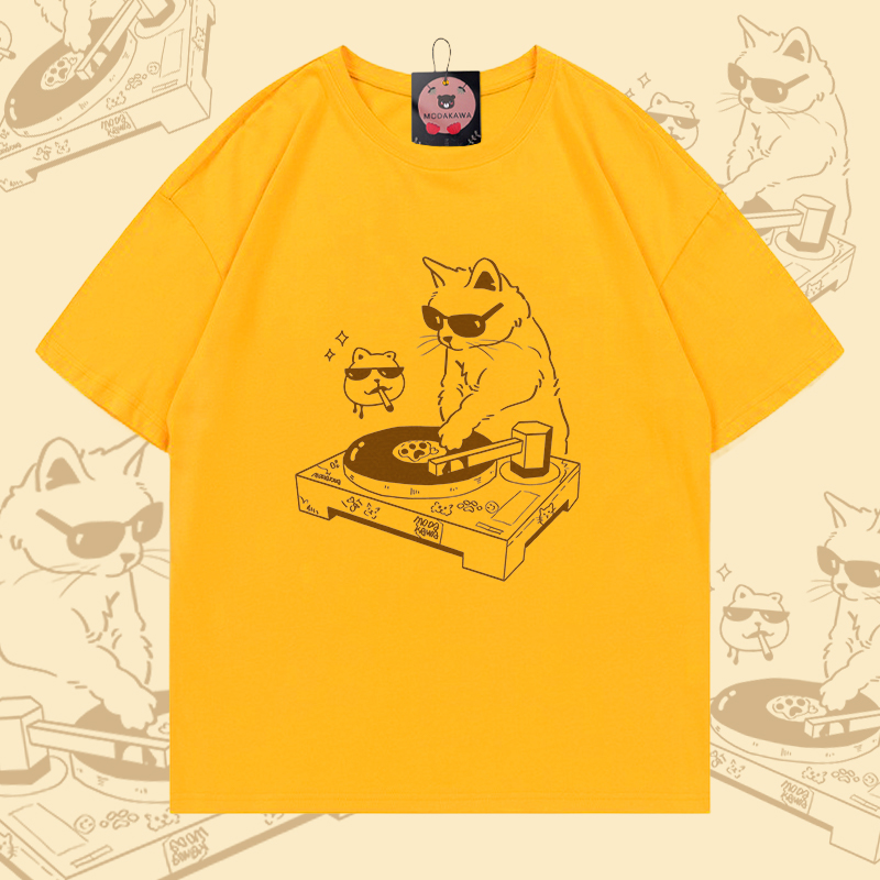 DJ Cat Graphic Modakawa 100% Baumwoll-T-Shirt - Bright Yellow - 5XL - image 3