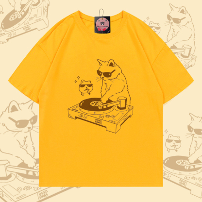 DJ Cat Graphic Modakawa 100% Baumwoll-T-Shirt - Bright Yellow - 5XL - image 3