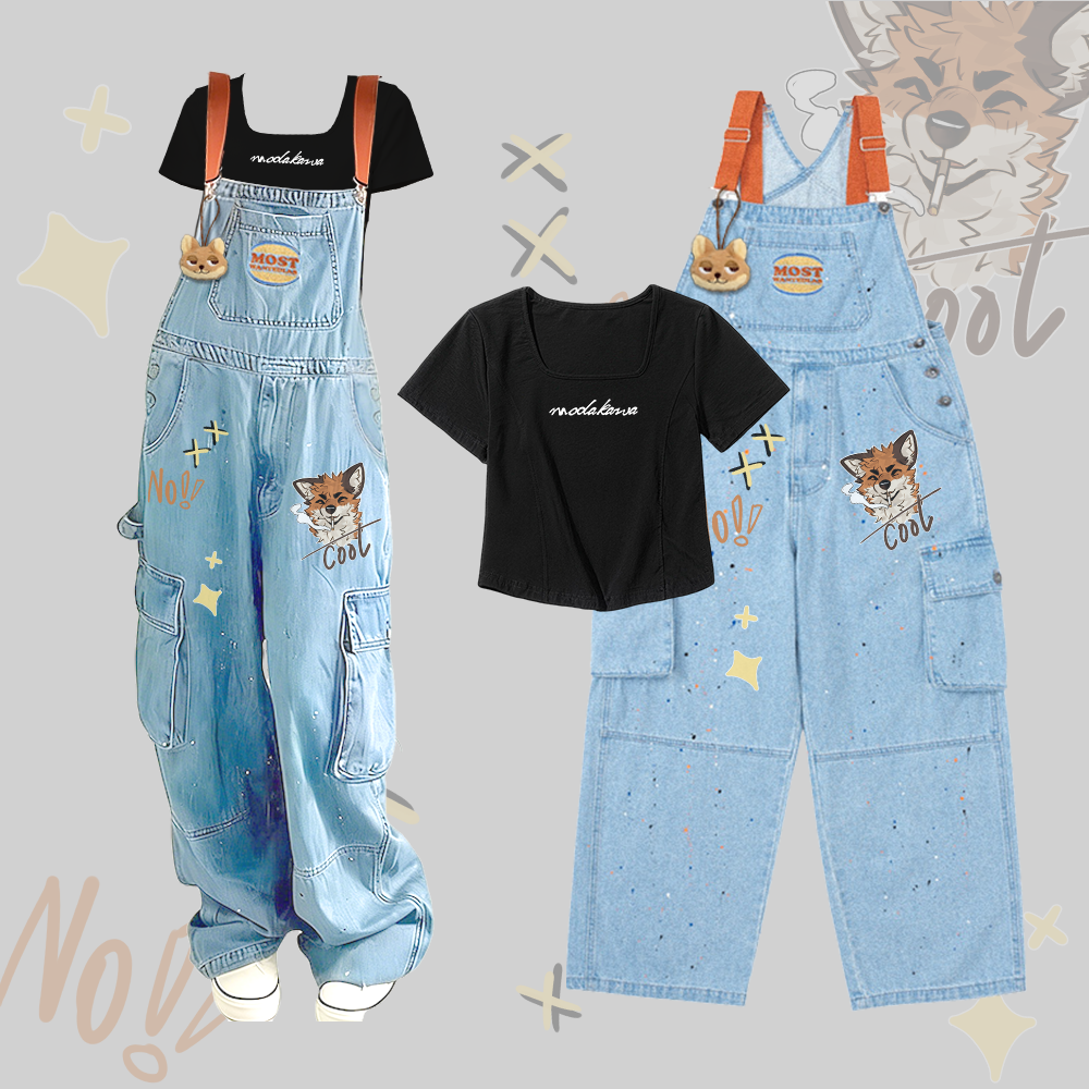 MODAKAWA X atka T-Shirt mit Buchstabengrafik, quadratischem Ausschnitt, Fuchsanhänger, Jeans-Overall mit Fuchs-Smoking-Grafik, zweiteiliges Set - Black & Blue - 2XL - image 3