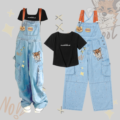 MODAKAWA X atka T-Shirt mit Buchstabengrafik, quadratischem Ausschnitt, Fuchsanhänger, Jeans-Overall mit Fuchs-Smoking-Grafik, zweiteiliges Set - Black & Blue - 2XL - image 3